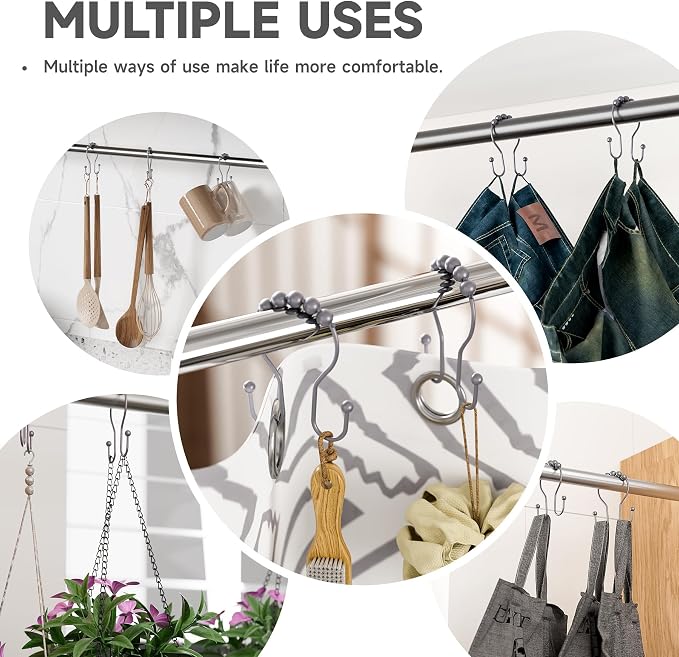 Bathway Shower Curtain Hooks, Shower Curtain Rings Rust Proof Double Hook Shower Curtain Hooks, 12 Pcs Grey Shower Hooks for Shower Curtain, Shower Rings for Curtain, Metal Shower Rod Hooks