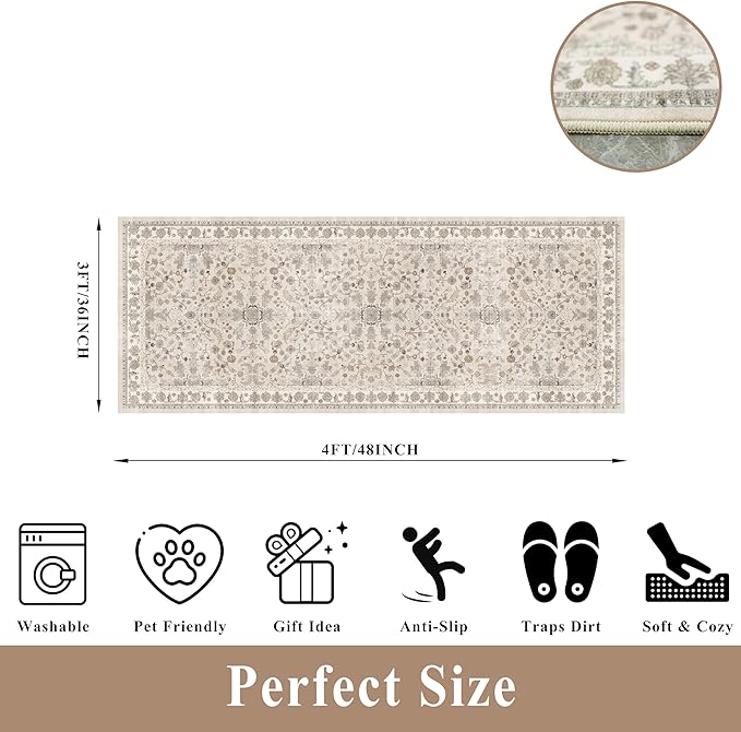 3x8 Hallway Runner Rug Washable Non-Slip – Boho Floral Soft Wide Carpet Runner for Kitchen Entryway Bathroom Bedroom – Low-Pile Thin Floor Mat with Rubber Backing (Beige,3x8)