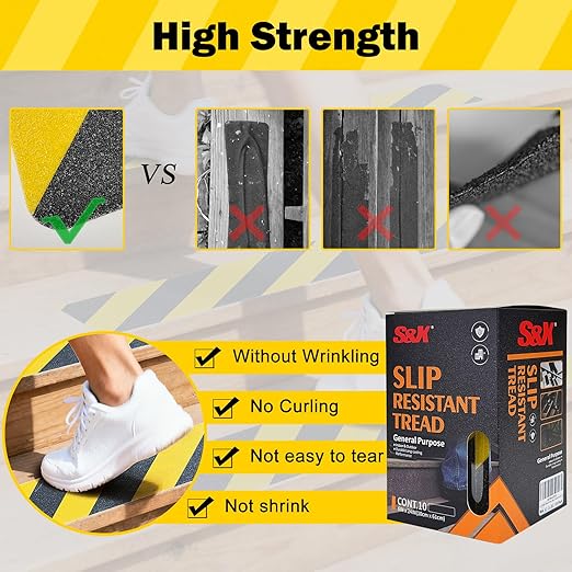 S&X S680 Anti Slip Stair Treads 6" x 24", 5-Pack Pre-Cut Black/Yellow Caution Non Slip Safety Tape Strips for Outdoor Stair Treads, Wooden Steps & Exterior Grips
