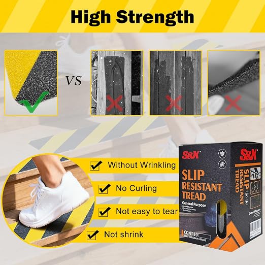 S&X S680 Anti Slip Stair Treads 6" x 24", 10-Pack Pre-Cut Black/Yellow Caution Non Slip Safety Tape Strips for Outdoor Stair Treads, Wooden Steps & Exterior Grips