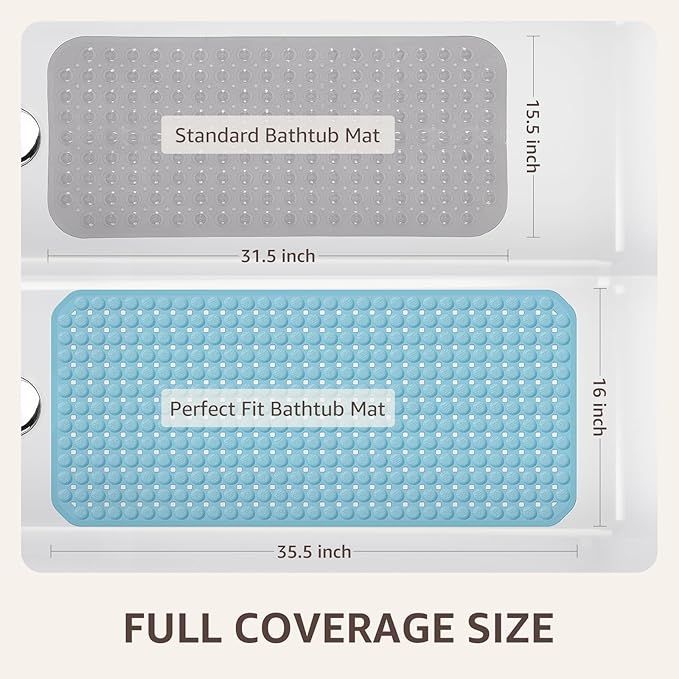 OTHWAY Bath Tub Shower Mat Non Slip, Bathtub Floor Liner Mats for Inside Shower Bathroom, Suction Cups and Drain Holes for Feet Scrubbing, Machine Washable, Soft on Feet, 35x16 Inch, Blue