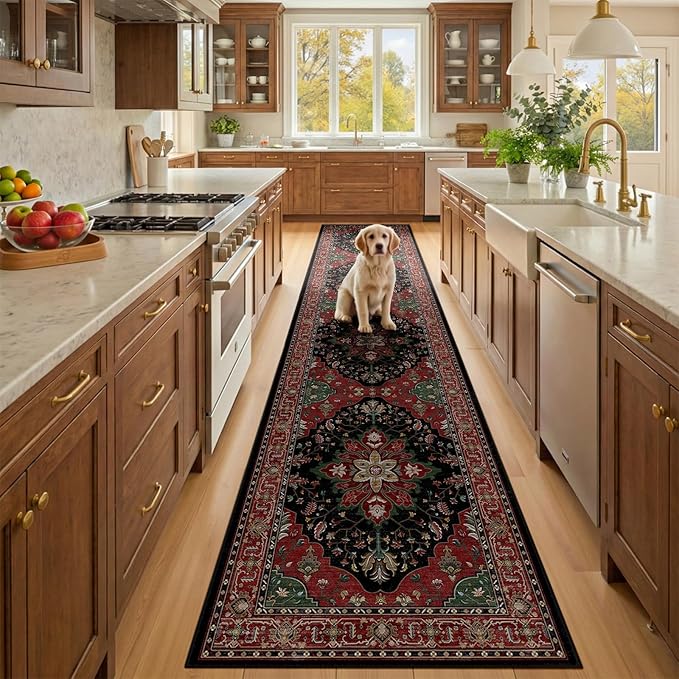 RELEANY Area Rugs Runner 2'x10' Washable Non-Slip, Floral Vintage Distress Medallion Carpet for Kitchen Hallway Bedroom Beside Laundry Room Bathroom, Red Black