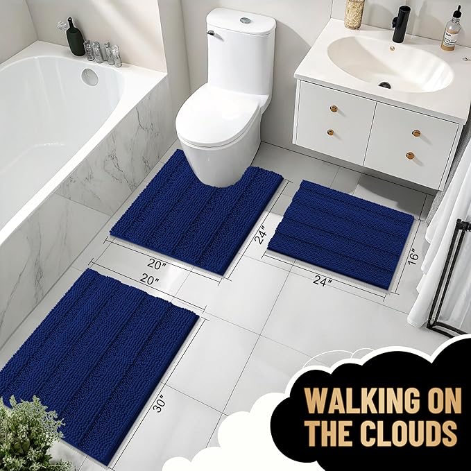 OLANLY Thick Small Bathroom Rugs 24x16, Extra Soft Absorbent Chenille Striped Bath Rugs, Rubber Backing, Machine Wash, Bath Mats for Bathroom Floor, Tub and Shower, Home Decor Accessories, Navy