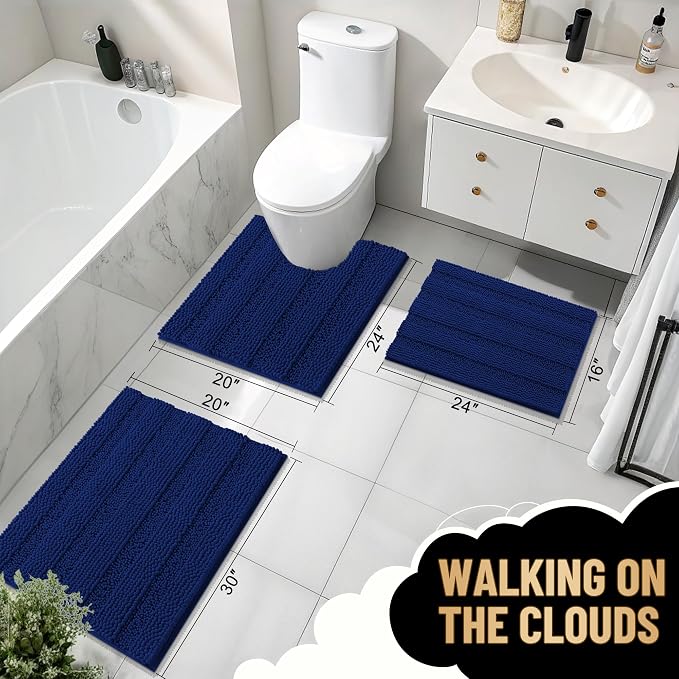 OLANLY Thick Bathroom Runner Rugs 47x17, Extra Absorbent Chenille Striped Bath Rugs, Rubber Backing, Machine Wash Dry, Long Bath Mats for Bathroom Floor, Tub and Shower, Home Decor Accessories, Navy