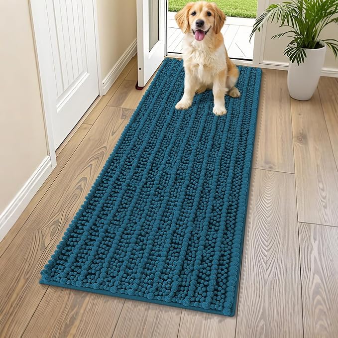 Smiry Dog Door Mat for Muddy Paws 59x24, Absorbent Dirt Trapper, Non-Slip Washable Chenille Entryway Rug for Inside Floor, Atlantic Blue, Layered Pattern