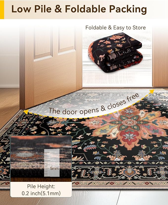 RELEANY Area Rugs Large 10'x12' Washable Non-Slip, Floral Vintage Distress Medallion Carpet for Living Room Bedroom Dining Room, Black Colorful Floral Dark Tan