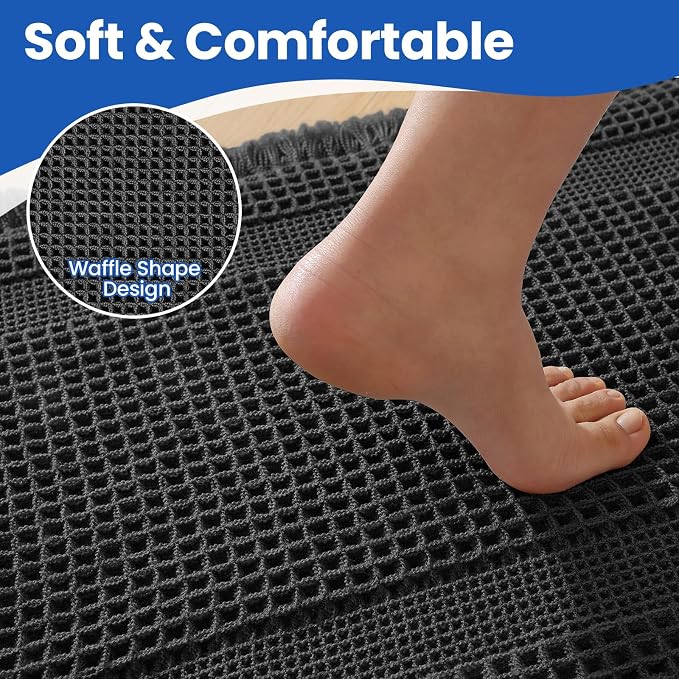 Waffle Bath Mat - Non Slip Bathroom Rugs - Washable Super Absorbent & Quick Dry Bath Mats with Tassels for Hallway Bedroom Laundry Room,17" x 24",Black