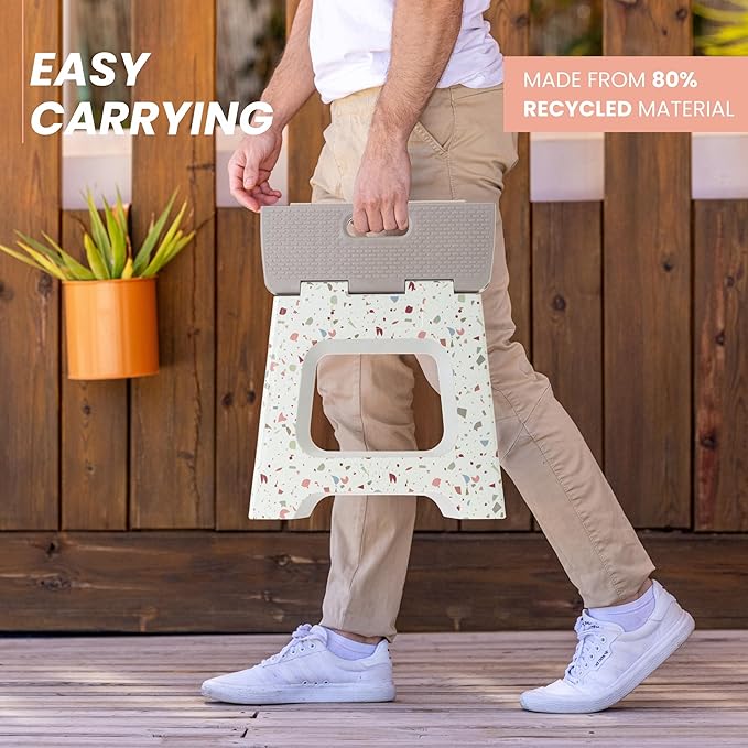 Vigar Compact Folding Step Stool - 12-1/2 Inch Foldable Step Stool for Adults, Lightweight Portable Stool with Handle, Non Slip Step Stool, Space-Saving Stool up to 330 lb - Grey, Terrazo Pattern