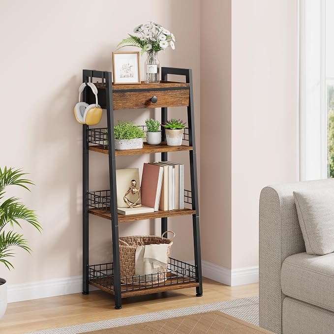 Gewudraw 4-Tier Ladder Shelf with Drawer, Bathroom Table Stand for Small Space, Bathroom Standing Shelves with Storage for Living Room Bedroom Kitchen, Organizer Shelf, Rustic Brown