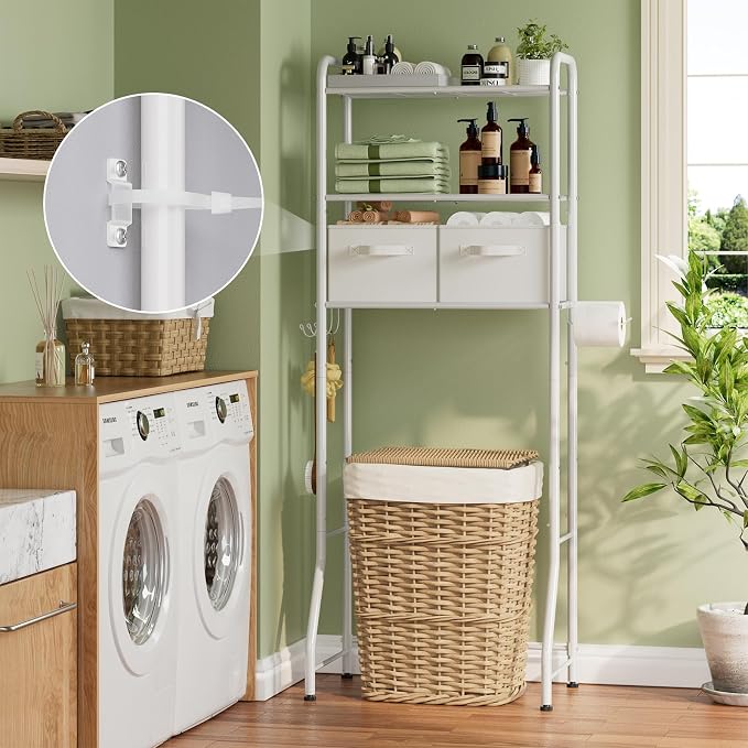 Simple Trending Over The Toilet Storage Rack with Drawers, Metal 3 Tier Bathroom Organizer Shelf with Paper Holder and 3 Hooks, White