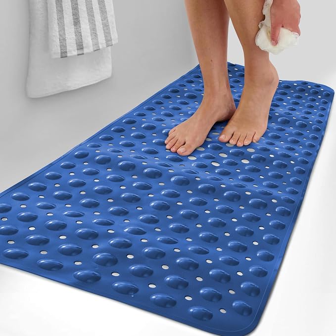 LUX Décor Non-Slip Bathtub Mat, Extra Large 40x16 Inches – Anti-Slip Safety Shower Mat with Suction Cups & Drain Holes – Machine Washable Bath Mat – Navy