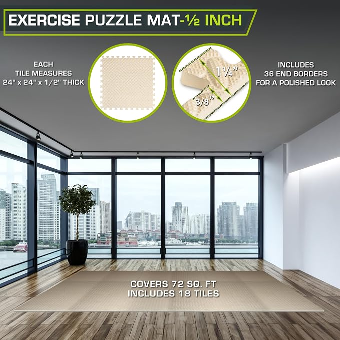 ProsourceFit Exercise Puzzle Mat 1/2-inch, EVA Interlocking Foam Floor Tiles for Home Gym, Workout Equipment, Kids Play Areas, Beige, 72 Sq Ft - 18 Tiles