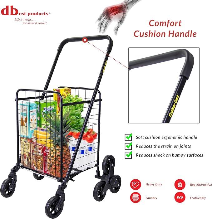dbest Products Stair Climber Cruiser Cart Shopping Grocery Rolling Folding Laundry Basket on Wheels Foldable Utility Trolley Compact Lightweight Collapsible, Black