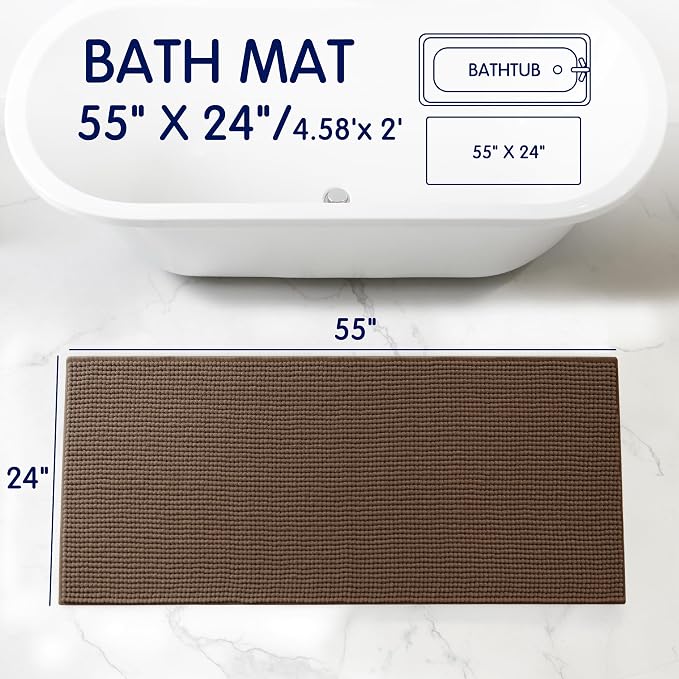 SUBRTEX Bathroom Rugs, 24" x 55" Chenille Bath Rug Soft Short Plush Bath Mat Soft Shower Mat Water Absorbent Shower Mat Quick Dry Machine Washable, Brown