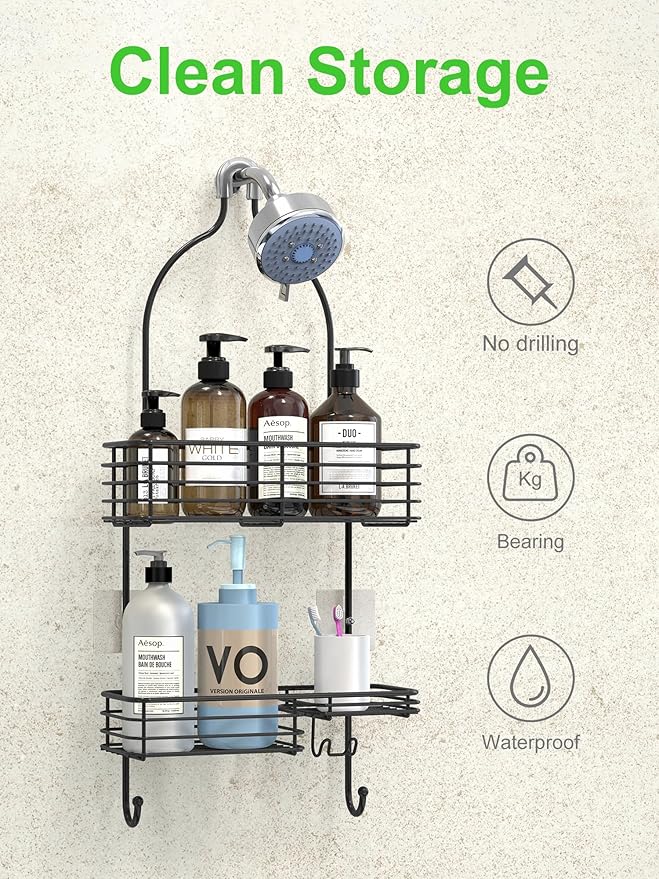 SMARTAKE Hanging Shower Head Caddy, Rustproof Bathroom Shower Shelf Organizer, SUS201 Stainless Steel Over The Storage Rack, for Toilet, Bathroom, Black