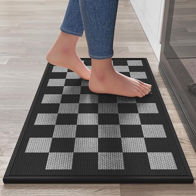 YDKGL Kitchen Mats for Floor, Super Absorbent Kitchen Rugs Non Slip Washable, Linen-Look Woven Cushion Runner Rug, Kitchen Sink Mat Standing Mat, Black Gray Checkered 17"x30"