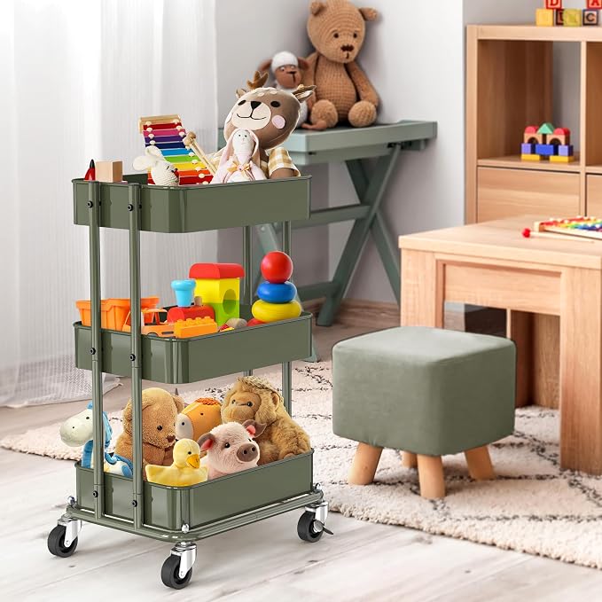 Simple Houseware 3-Tier Compact Utility Rolling Cart, Low 24” Height Fits Under Desk, Space-Saving Storage for Home Office, Dining Room, or Kitchen, Army Green