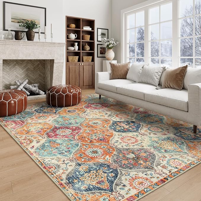 Lahome Moroccan 5x8 Area Rug, Ultra-Thin Washable Rugs for Living Room Bedroom, Soft Large Oriental Non-Slip Non Shedding Throw Large Carpet for Dining Room Office Elise, Cream/Multi