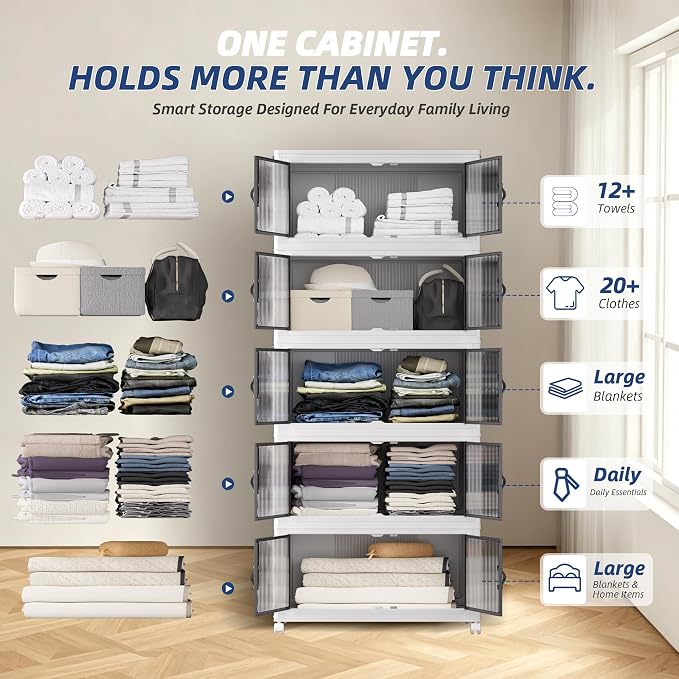 SAILUN 145Gal/580Qt Stackable Storage Bins Folding Collapsible Storage Bins with a Lid, Closet Organizers and Storage,White 26" W x 17" D x 71" H