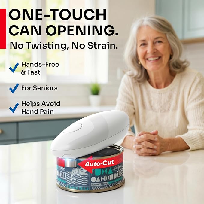 MUELLER HOME SmoothEdge Auto Electric Can Opener – Battery‑Operated One‑Touch w Magnet Lid Lifter, Smooth‑Edge Cut Technology – Portable Hands‑Free Automatic Can Opener for Seniors & Arthritis, White