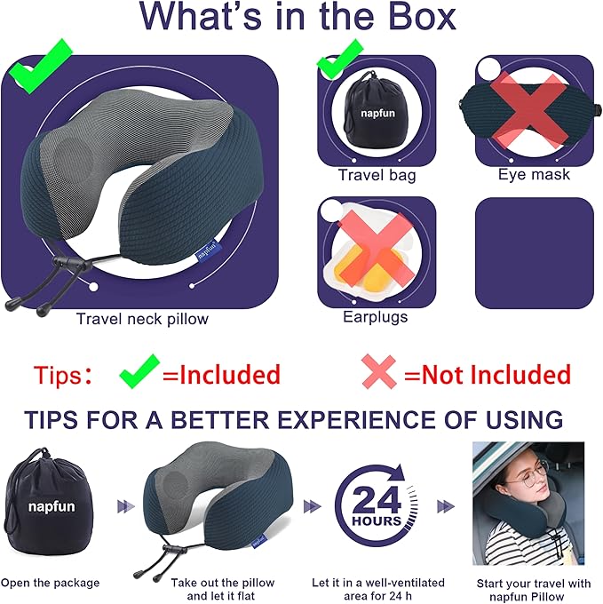 napfun Neck Pillow for Traveling, Upgraded Travel Neck Pillow for Airplane 100% Pure Memory Foam Travel Pillow for Flight Headrest Sleep, Portable Plane Accessories, Deep Blue