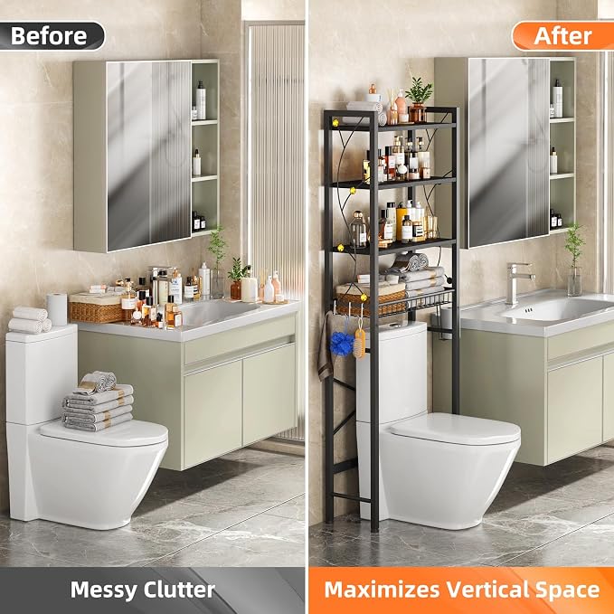 Over-The-Toilet Storage Rack, 4-Tier Bathroom Organizer Shelf Over Toilet with Adjustable Shelf and Basket, Freestanding Space Saver Bathroom Shelves Above Toilet for Room (Pure Black)