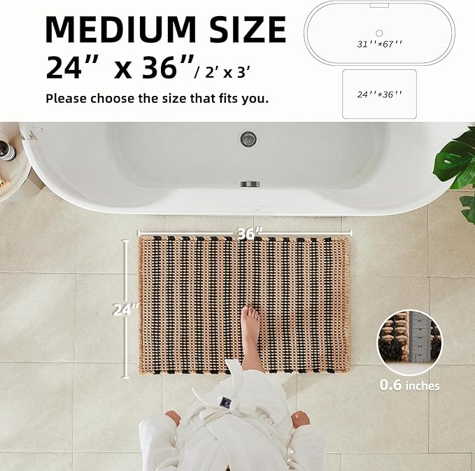TYUU Waffle Bath Mat, Boho Bathroom Rugs Non Slip Washable Super Absorbent Quick Dry Bath Mat Farmhouse Bathroom Decor, 36"x24" Black and Khaki
