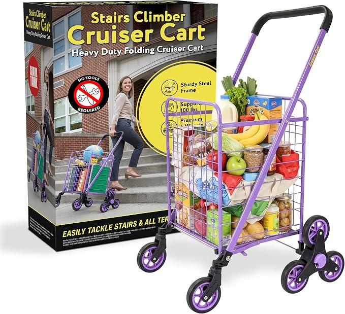 dbest Products Stair Climber Cruiser Cart Shopping Grocery Rolling Folding Laundry Basket on Wheels Foldable Utility Trolley Compact Lightweight Collapsible, Purple