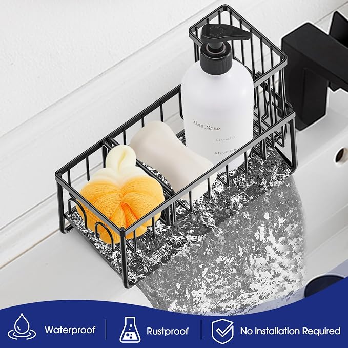 Sinnsally Kitchen Sponge Holder,Sink Caddy Organizer with Brush Holder,Stainless Steel Sink Box Dish Scrubber Holder with Self Drain Tray,Soap Dispenser Kitchen Storage Accessories(1 Tier-Black)