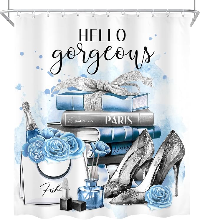 Girly Blue Shower Curtain 60Wx72H Silver Fashion Shower Curtain Women Girls Gray Teal Flower Perfume Bathroom Curtain Set High Heels Magazine Books Floral Bathroom Decor Fabric with 12 Hooks