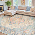 RELEANY Area Rugs 7'x10' Washable Non-Slip, Floral Vintage Distress Medallion Carpet for Living Room Bedroom Dining Room, Blue Orange Red