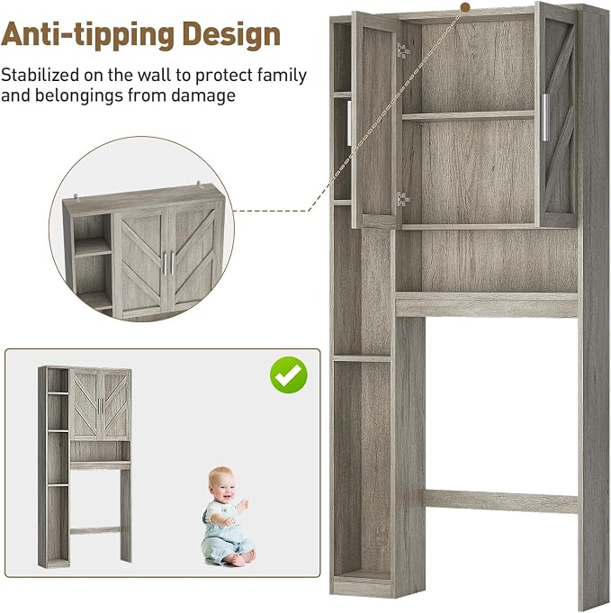 Over The Toilet Storage Cabinet with 7 Storage Shelves, Above Toilet Bathroom Organizer with Toilet Paper Holder Stand, Behind Toilet Cabinet, Space Saver for Restroom, Bathroom, Laundry, Grey