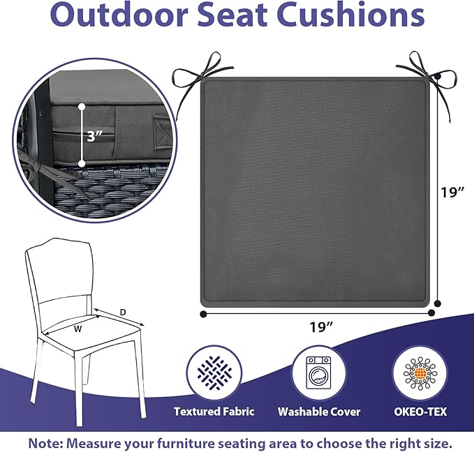 IPYNBAP Outdoor Chair Cushions Set of 4 -Waterproof Outdoor Seat Cushions for Patio Furniture, Patio Chair Cushion with Handle and Ties, Out Door Chair Pads,19x19x3-Square, Darkgrey