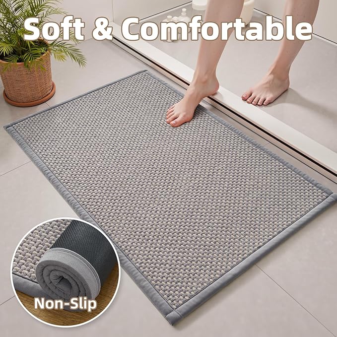 PADOOR-Bath Mat-Super Absorbent Chenille Bathroom Mats-Rubber Backed Bath Mats for Bathroom Non Slip, Easy Clean Bathroom Rugs Front of Bathtub,Shower Room,Sink-24×36, Grey&Beige