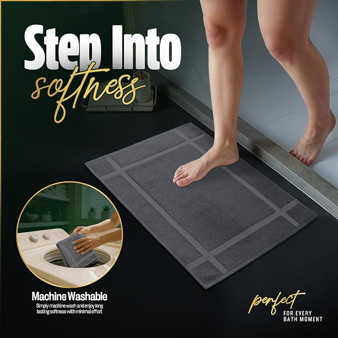 Pearl Linens 100% Ring Spun Cotton Bath Mat (Pack of 2) 18 x 25 Inch, Washable, Soft & Absorbent Terry Bathroom Floor Mat – Not Bathroom Rugs – Quick-Dry After Shower Bath Mat, 781 GSM, Dark Grey
