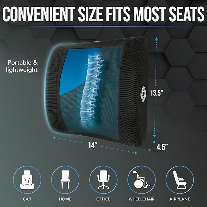 Samsonite Cooling Memory Foam Lumbar Support Pillow for Office Chair, Gaming Chair & Car Seat Automotive Ergonomic Back Cushion, Home Office Essentials, Sitting Comfort and Posture Relief Back Support