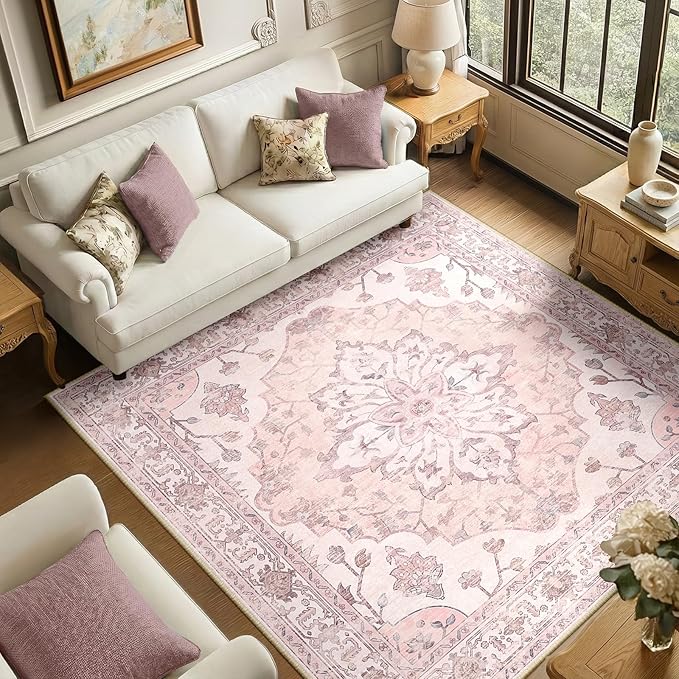 RELEANY Area Rugs Square 6ft Washable Non-Slip, Floral Vintage Distress Medallion Carpet for Living Room Bedroom Dining Room, Pink Greypink Cute