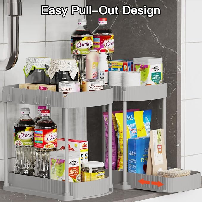 Ukeetap 2 Pack Multi-Purpose Pull-Out Storage Organizers, Under Sink Organizers and Storage for Bathroom & Kitchen, Under Cabinet Organizers and storage, 14.8 Inch, Grey