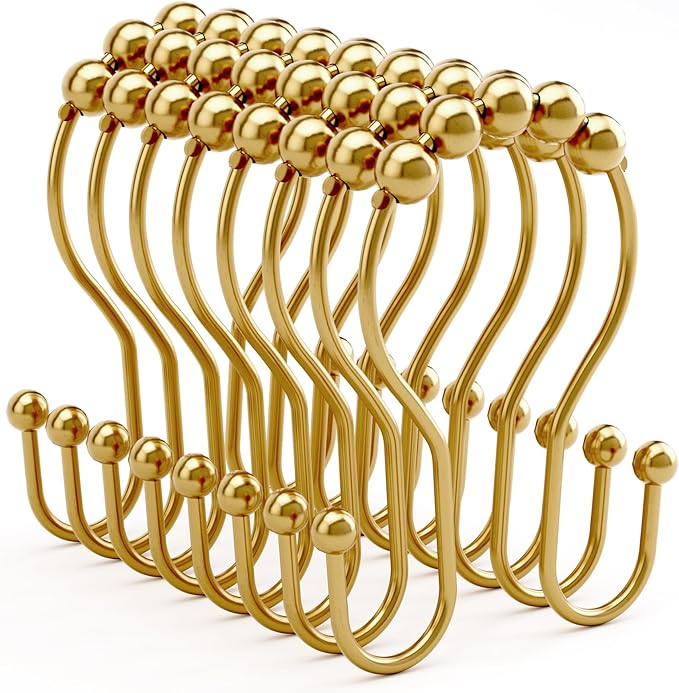 Bathway Shower Curtain Hooks, Shower Curtain Rings Rust Proof Double Hook Shower Curtain Hooks, 12 Pcs Dark Gold Shower Hooks for Shower Curtain, Shower Rings for Curtain, Metal Shower Rod Hooks