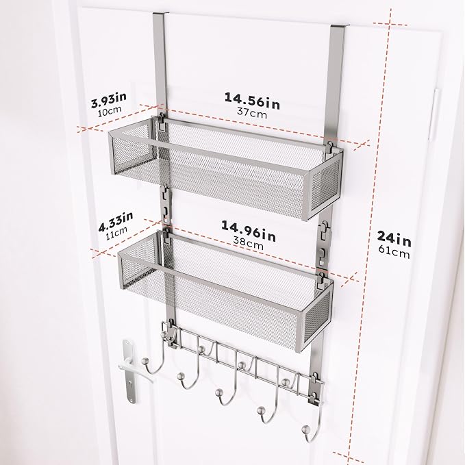Consumest Over The Door Hooks Organizer - 3 Tier Door Hanger with 9 Coat Hooks & 2 Mesh Basket, Back Storage Organizer Hanging Towels for Bathroom, Bedroom, Sand Nickel