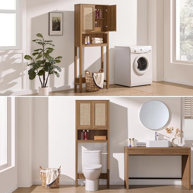 SICOTAS Over The Toilet Storage Cabinet with Rattan Door, Freestanding Bathroom Organizer with Adjustable Shelf, Space Saver Cabinet for Bathroom, Laundry Room, Restroom