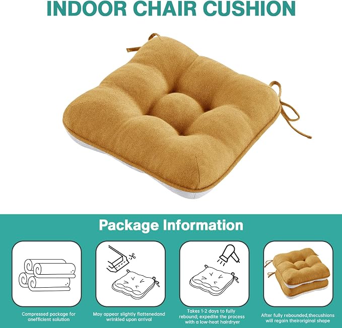 BETU Chair Cushions for Dining Chairs Set of 2,3.5" Thick Kitchen Table Chair Pads with Ties,Non Slip Backing and Covers, Seat Cushion for Dining Room,Bar,Patio Chairs,15.5"X15.5"X3.5",Yellow