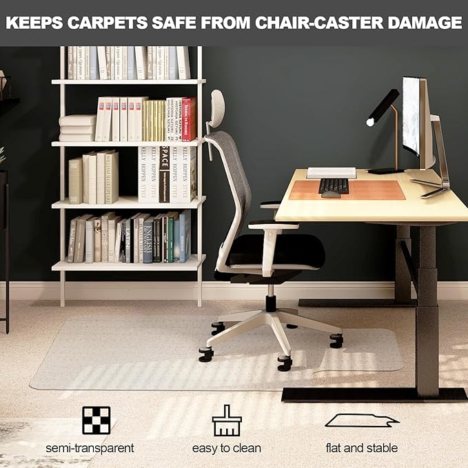 Chair Mat for Carpet- Low Pile (1/4" Thick) Carpet Protector for Office Gaming Computer Desk Chair. Heavy Duty Desk Chair Mat for Carpeted Floors, Semi Transparent (with Lip)