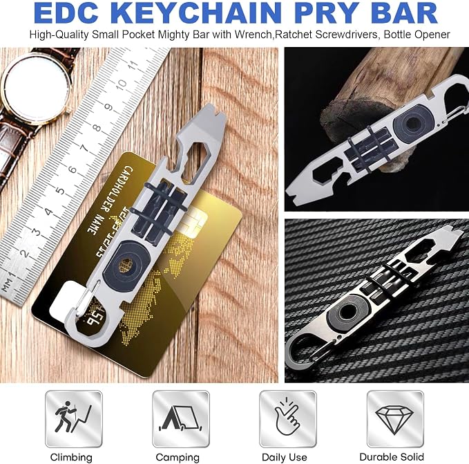 EDC Pry Bar, mighty bar, Keychain Crowbar, Multi Functional Pocket Pry Bar with Wrench,Ratchet screwdrivers, Can Box and Bottle Opener, Versatile Companion for Everyday Carry and Camping Accessories