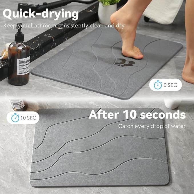 Stone Bath Mat, Dries Quickly, Non-Slip Diatomaceous Earth Stone Bath Mats for Bathroom, Super Absorbent Stone Shower Mat, Easy to Clean, 23.5" x 15.5" Dark Gray-Wave