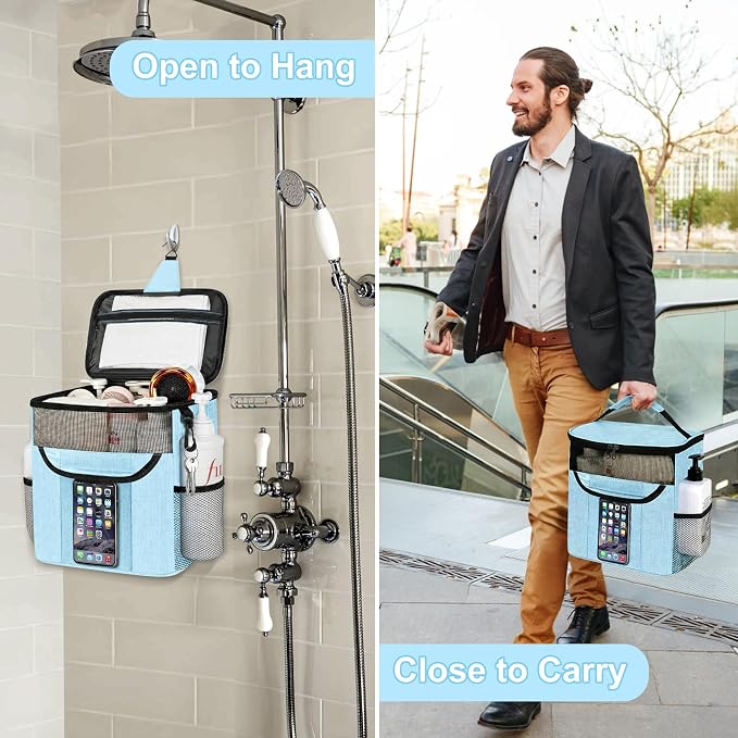 Attmu Shower Caddy Portable for Dorm Room Essentials, Hanging Shower Bag for College, Large Capacity Mesh Shower Caddy for Bath Essentials (Dusty Blue)