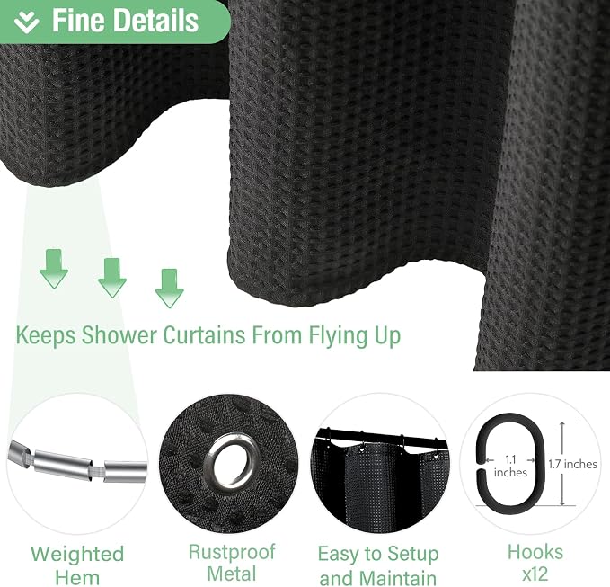 Dynamene Extra Long Fabric Shower Curtain - Waffle Weave 90 Inches Long Heavy Duty Cloth Shower Curtains for Bathroom, 256GSM Tall Hotel Luxury Bath Curtain Set with 12 Plastic Hooks(72Wx90H, Black)