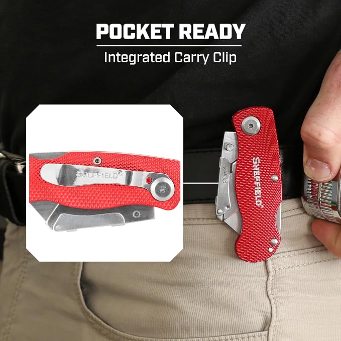 Sheffield Folding Utility Knife, Accepts Standard Utility Knife Blades, Box Cutter Aluminum Handle, Razor Blades Included, For Home, Office, Trades, and Warehouse