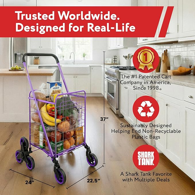 dbest Products Stair Climber Cruiser Cart Shopping Grocery Rolling Folding Laundry Basket on Wheels Foldable Utility Trolley Compact Lightweight Collapsible, Purple
