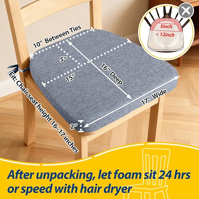 AAAAAcessories D-Shaped Chair Cushions, 2" Thick Dining Chair Pads with Ties and Removable, Machine-Washable Cover, 17" x 16", Set of 2, Light Blue